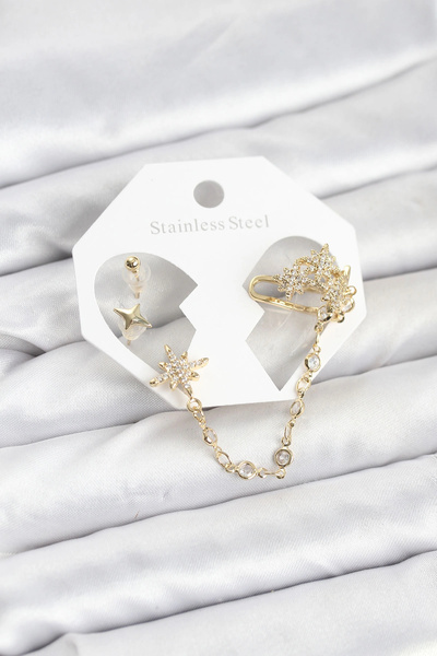 ARMÜZ Polar Star Model Brass Gold Color Chain Linked Ear Cuff Earring Set
