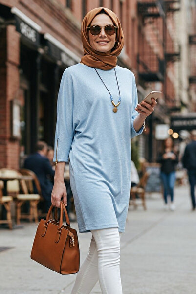 Moda Mistik Novelle Uzun Tesettür Tunik Bebe Mavi Simli Yarasa Kol