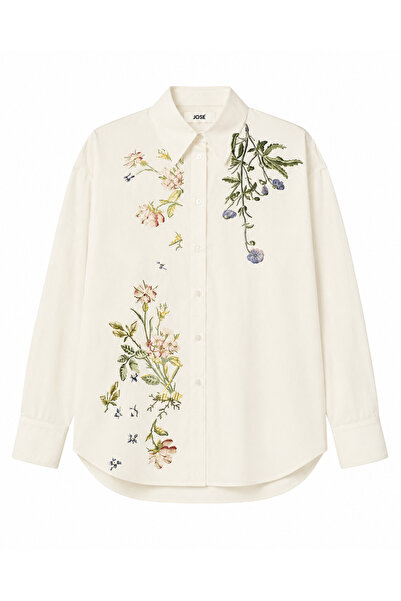 Jose Clothing Off-White Hand-Painted Floral Pattern Oversize Long Sleeve Shirt