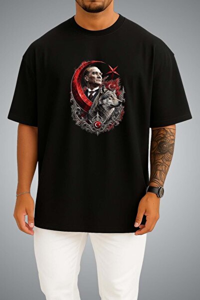 Bahriyeli Collection Oversize Ataturk Wolf and Red Moon Star Chest Printed Un...
