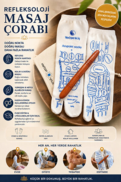 Metanoyaco Refleksoloji Masaj Çorabı & 1 Adet Ahşap Masaj Çubuğu (Orjinal İth...