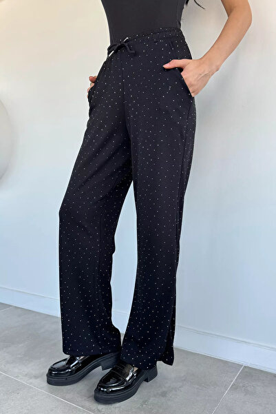 Aryena Black Women's Elastic Waist Stone Embroidered Trousers