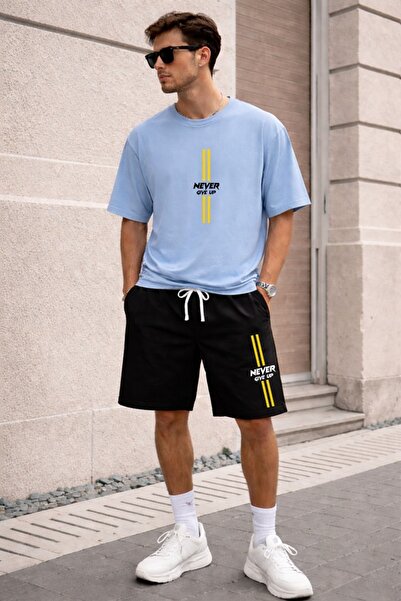 x-compass life Oversize T-Shirt Black Shorts Set Casual Sports Combination Su...