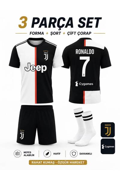 yenteks Çocuk Futbol Forması Ronaldo Juventus.Beyaz-Siyah Çorap Hediyeli