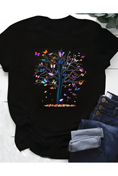 Panda Baskı Tekstil Tree Butterfly Printed Special Design Oversize Tshirt