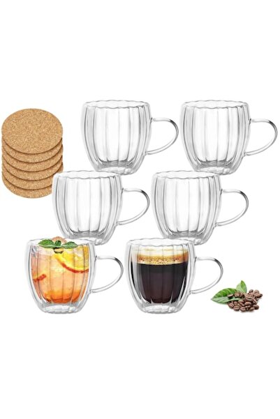 İdeas4comfort Set de 6 pahare cu pereți dubli și mâner, 330 ml, cu caneluri, ...