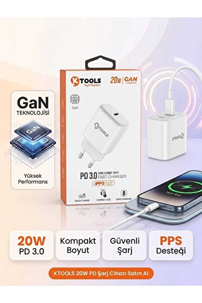 Ktools K Tools 20W GaN Hızlı Şarj Cihazı - Type-C PD 3.0 ve PPS Destekli Kompakt Adaptör (Beyaz)
