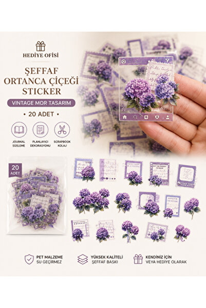 hediyeofisi Hediye Ofisi Vintage Ortanca Çiçeği Mor Temalı Şeffaf PET Sticker...