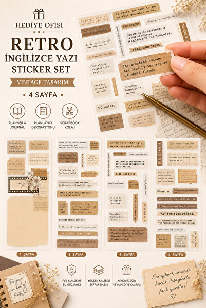 hediyeofisi Retro İngilizce Yazı Sticker Seti 4 Sayfa Şeffaf Scrapbook Ajanda...