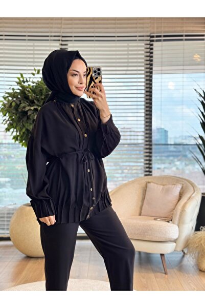 ALANURMODA 20764 Pleated Skirt Collarless Buttoned Suit Black