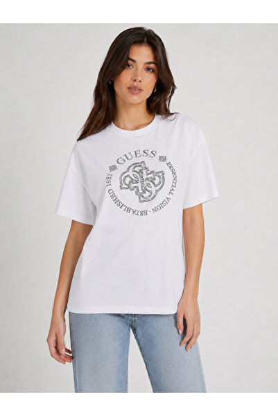 Guess Carla Women's White Boxy Fit T-Shirt with Stone Detail