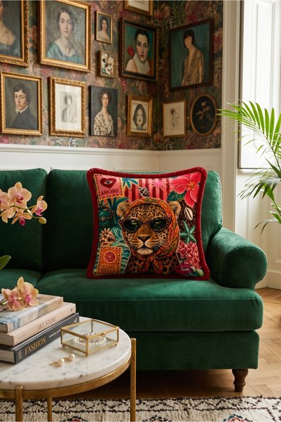 Softifyhome Fringed Leopard Patterned Decorative Throw Pillow Cover 43X43 cm |   Double-Sided Digital Printing |   Raschel Fabric Modern Living Room Decor