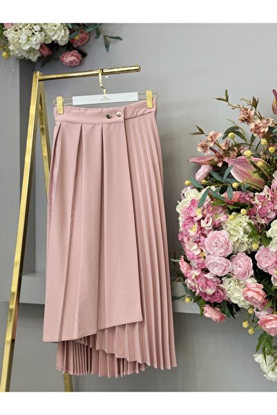 Ceremony S5653 Pleated Detailed Gold Buttoned Skirt Pink