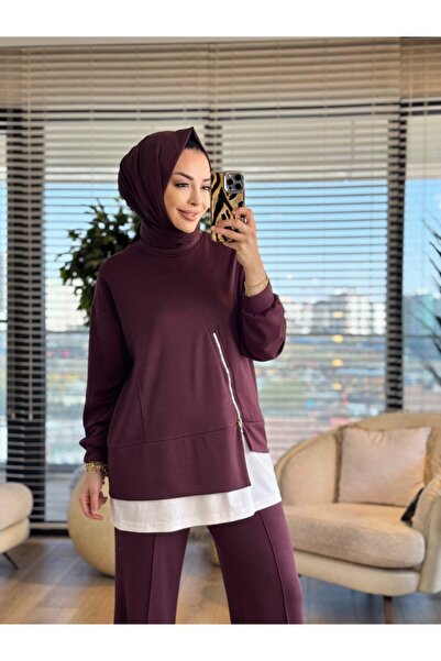 ALANURMODA 14438 طقم بقطع على طرف التنورة بلون البرقوق