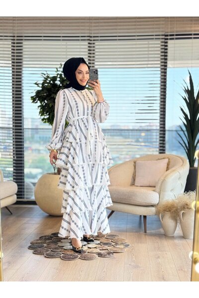 ALANURMODA 2513 Φόρεμα με σχέδια σε πέντε στρώσεις, λευκό