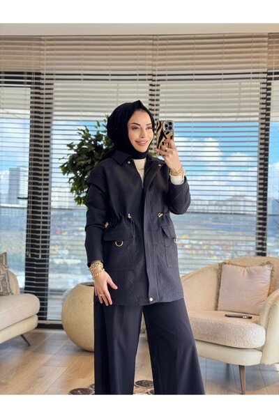 armine giyim 25Kt525 Self-Patterned Zippered Jacket Black