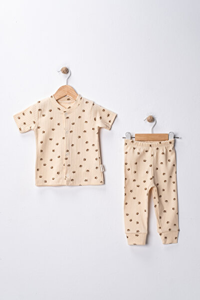 Noone Paw Patterned Snap Fastener Baby Top and Bottom Set 100% Cotton Interlo...