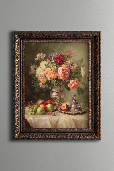 epiqart Classic Flower and Fruit Composition – Vintage Patterned Painting – T...