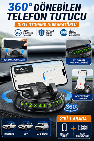Hane Dostu 360° Dönebilen Telefon Tutucu Gizli Otopark Numaratörlü Araç İçi S...