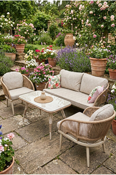 huteras Cozy Midi Halat Örgü Bahçe Balkon Oturma Grubu 2+1+1 Camlı Sehpa Krem...