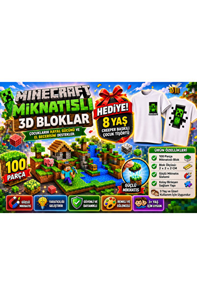 ABS Minecraft Temalı Mıknatıslı 3D Oyuncak Blok Seti 3+ Yaş, Creeper Baskılı ...