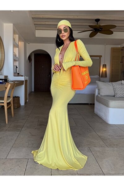 CC STORE Rochie NOIRA, galbenă, maxi, cu decolteu adânc și croială mulată