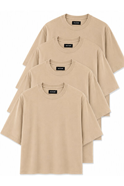 MİLANDORE Pack of 4 Beige Unisex Oversize T-Shirt Set - Crew Neck Basic T-Shirt