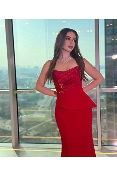 Ayaen Red and Pink Off-Shoulder Long Dress with Peplum Waist and Mermaid Silh...