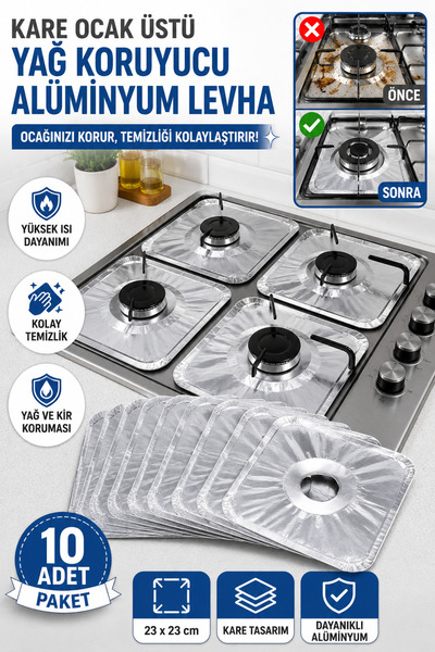 Hane Dostu 10 Adet Kare Ocak Üstü Yağ Koruyucu Alüminyum Folyo Levha 23x23 cm...