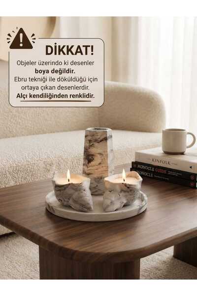 Dualith 4 Parça Dekoratif Set - İstiridye Mumlu, Vazolu, Yuvarlak Tepsili - M...