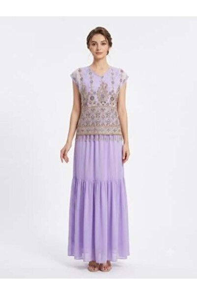 unbranded Women's Lilac Embroidered Chiffon Maxi Evening Dress with Beaded Bo...
