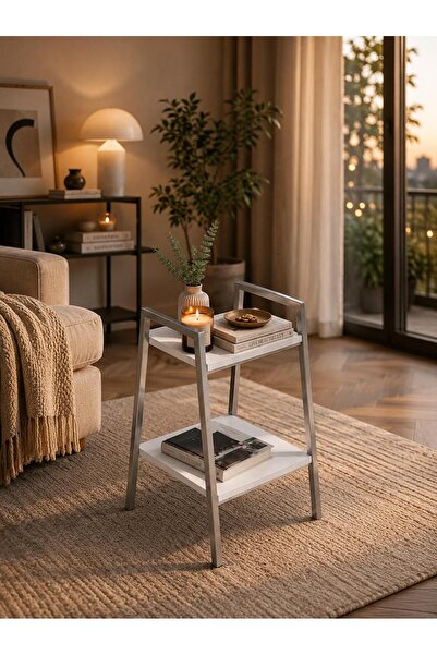 ERYALUX HOME MODERN YAN SEHPA İKİ KATLI GÜMÜŞ-BEYAZ YAN SEHPA