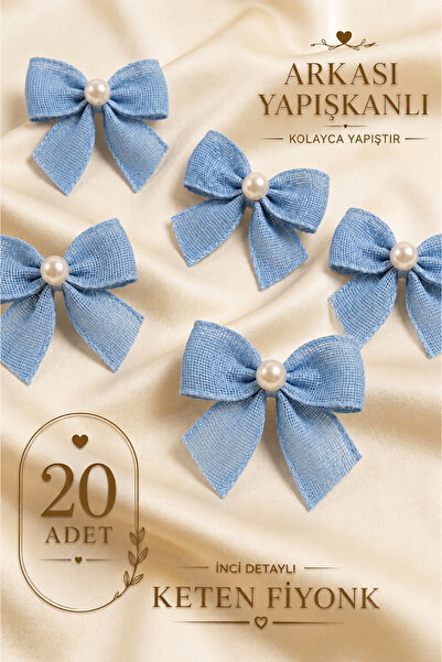 Ak Tuhafiye Adhesive Pearlized Linen Bow 20 Pieces Blue -Gift Package-Wedding...