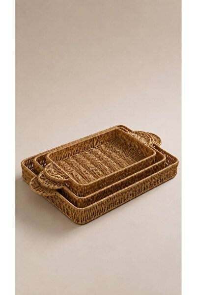 Bohemian Interlocking Set of 3 Rectangular Rattan Trays