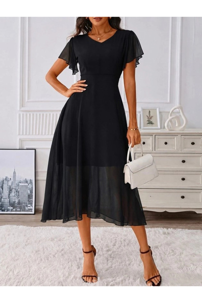Beruflic Women's Short Sleeve V-Neck Midi Lined Chiffon Dress