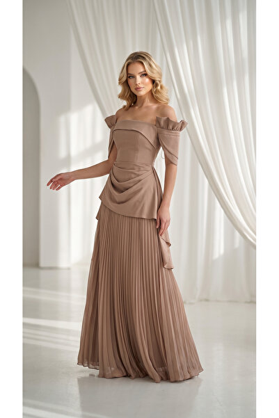 holie dress DÜŞÜK OMUZ STRAPLEZ DRAPELİ PLİSELİ UZUN ABİYE ELBİSE