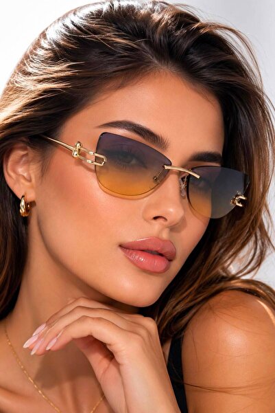 Nilu Moda Premium Gold Detaylı Cam Çerçevesiz Unisex Güneş Gözlüğü | UV400 Ko...