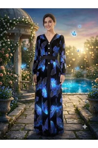 unbranded Women's Black Blue Floral Print Velvet Maxi Dress with V-Neck and L...