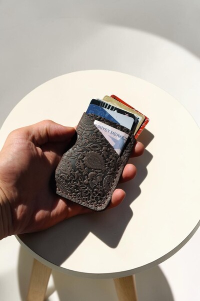 MAT Deri Genuine Leather Card Holder with Shawl Pattern, Slim, 6-8 Card Capac...