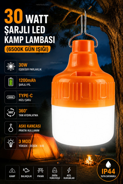 nelerbulurum Şarjlı 3 Modlu 30Watt 1200 Mah Gün Işığı Askı Kancalı El Feneri ...