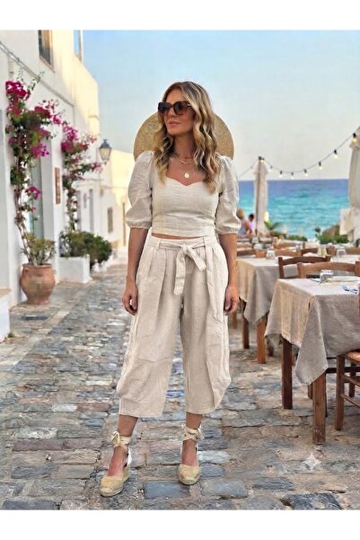 AYASOFYA OTANTIK Women's Italian Mink 100% Linen Capri Trousers with Elastic ...