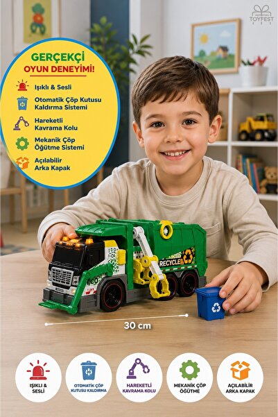 TOYFEST Geri Dönüşüm Kamyonu Işıklı Sesli Çöp Öğütücülü Hareketli Kavrama Kol...