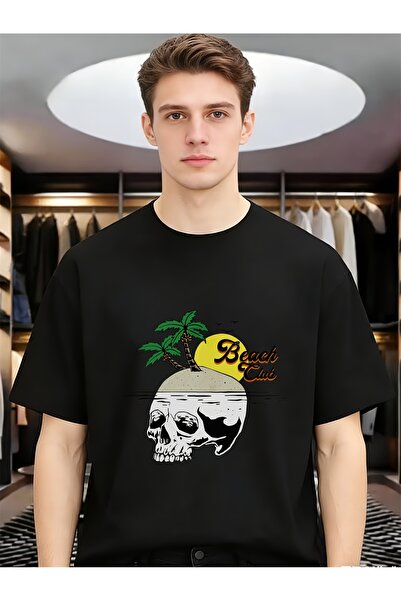En22 Beach Club Skull with Palm Trees Cool Funny Unique Men Comfort Casual Te...