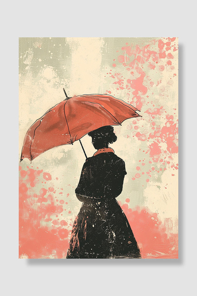 Luna Marissa Woman with Umbrella Poster Red Umbrella Black Silhouette Pink Ba...