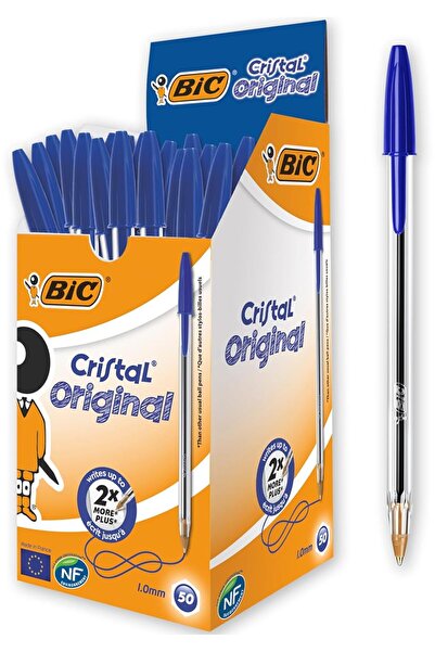 Bic أقلام حبر جاف كريستال، تغليف كرتوني، أزرق، 50 قلم، حجم متوسط