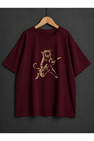 ZİYMO Unisex Guitar Cat Printed Oversized Shirt