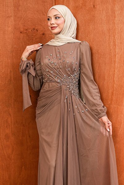 İmajButik Vizon Bel Büzgülü Taşlı Abiye