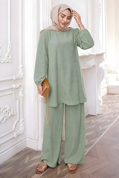 İmajButik Mint Yeşili Bürümcük Tunik Pantolonlu Takım