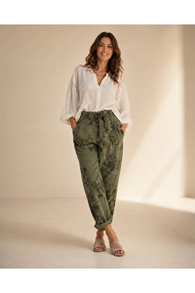 Punta Otantik Msr5437 Italian Floral Patterned Cotton Trousers Khaki