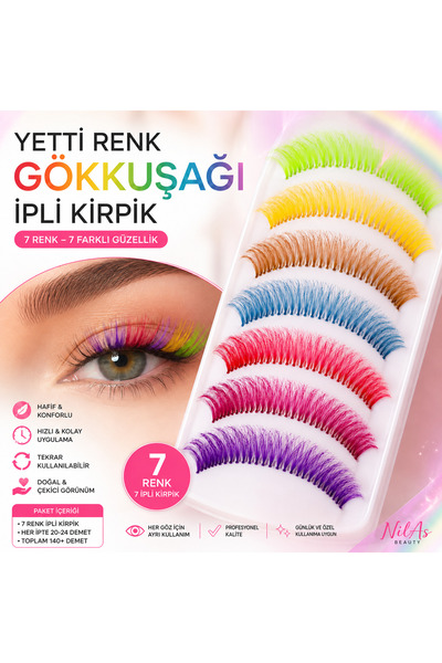 Genel Markalar 7 Renk Gökkuşağı Renkli Klasik İpli Kirpik 7 İp 350 Demet